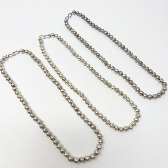 563 Set of Three Handmade Sterling Silver Bead Strand Necklaces, 16inch - Picture 3 of 10